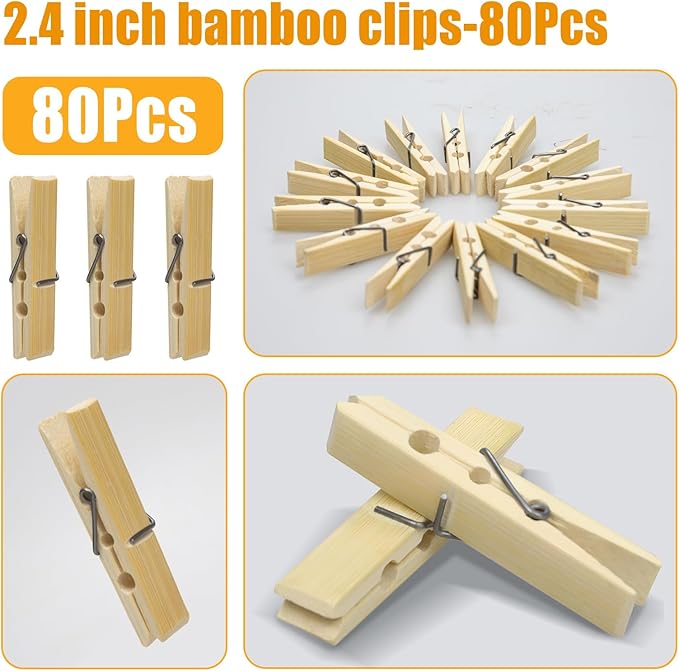 Natural Bamboo Clothespins 80-Pack Wooden Clothes Pins with Spring, 2.4 Inch Heavy Duty Rust Resistant Clips for Laundry, Crafts, Kitchen & Home Organization