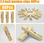 Natural Bamboo Clothespins 80-Pack Wooden Clothes Pins with Spring, 2.4 Inch Heavy Duty Rust Resistant Clips for Laundry, Crafts, Kitchen & Home Organization