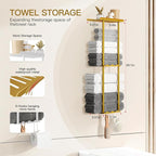 Towel Racks for Bathroom, 3 Tier Metal Towel Holder, with Shelf & 6 Hooks, 29 inch Wall Mounted Towel Storage, 6 Large Bath Towels Capacity,Small Bathroom Towel Rack for Rolled Towels, Gold