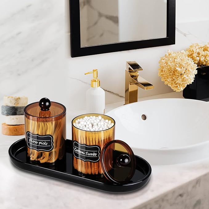 SheeChung 4-Pack Amber Acrylic Apothecary Jars - (2) 15oz & (2) 12oz Qtip Holder Set - Shatterproof Bathroom Vanity Organizer for Cotton Swabs,Balls,Pads - Modern Farmhouse Decor
