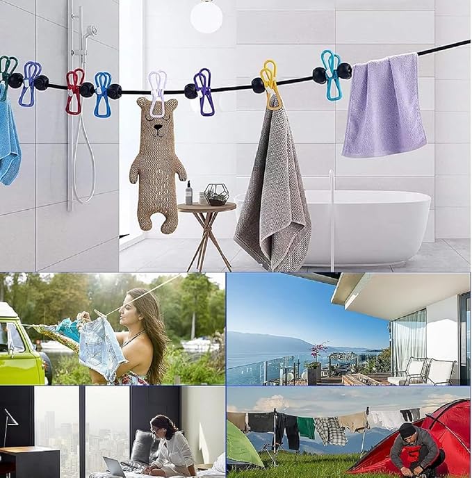 Clothes line 2 PCS,Travel Accessories Clothes line with 12 Clothes Clips, Retractable Portable Clothesline for Travel for Indoor Laundry Drying line,Hotel, Cruise,Outdoor Camping Essentials