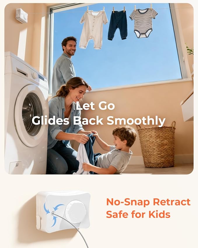 Retractable Clothesline 16.7 ft – Heavy-Duty 44 lb, Rust-Proof Stainless Steel, Wall-Mounted Indoor/Outdoor Laundry Line, Easy Install for Bathroom, Balcony & Apartment (White, Single Line)