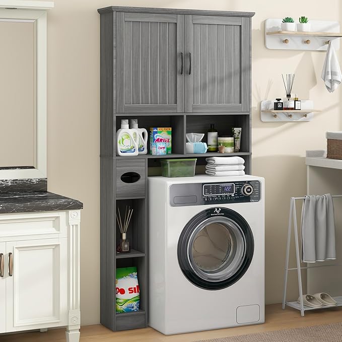 Over The Toilet Storage Cabinet, Farmhouse Storage Cabinet Over Toilet with Barn Door& Toilet Paper Holder Stand，Home Space-Saving Toilet Rack, for Bathroom, Restroom, Laundry.Wash Gray
