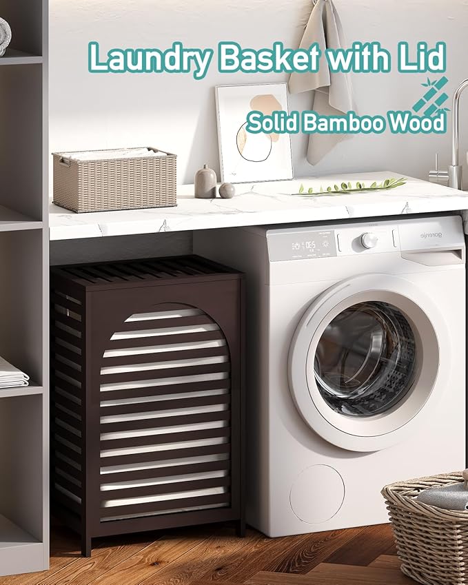 Laundry Hamper, 22.5 Gallon (85L) Bamboo Wood Clothes Laundry Basket with Lid and Handles, Removable Liner (Brown, Large)