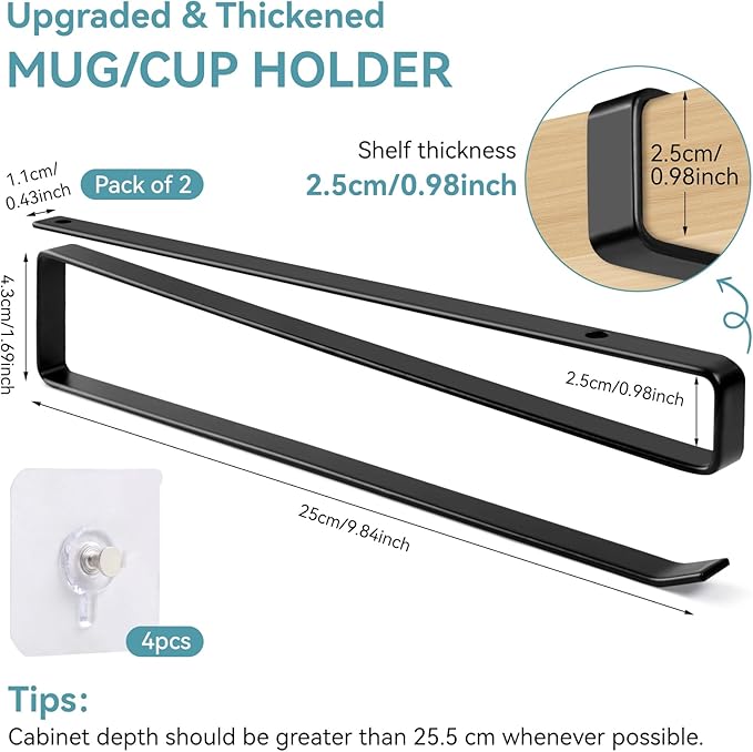 Coffee Mug Holder, 2 Pack Tumbler Lid Organizer for Yeti Lids Holder, Mug Hanger Under Cabinets,Space Saving Cup/Mug Rack Holds Up to 12 Lids,Water Bottle Lid Organizer for Kitchen Storage