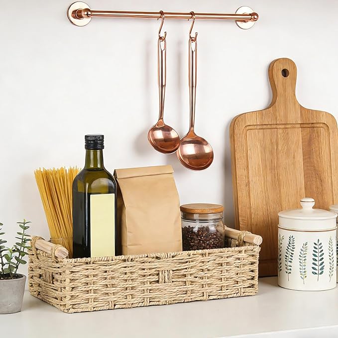 2 PCS Toilet Paper Storage Basket, Paper Rope Imitation Wicker Bathroom Baskets for Toilet Tank Basket with Handles for Desk, Shelf, Countertop, Boho Coastal Bathroom Decor Beige