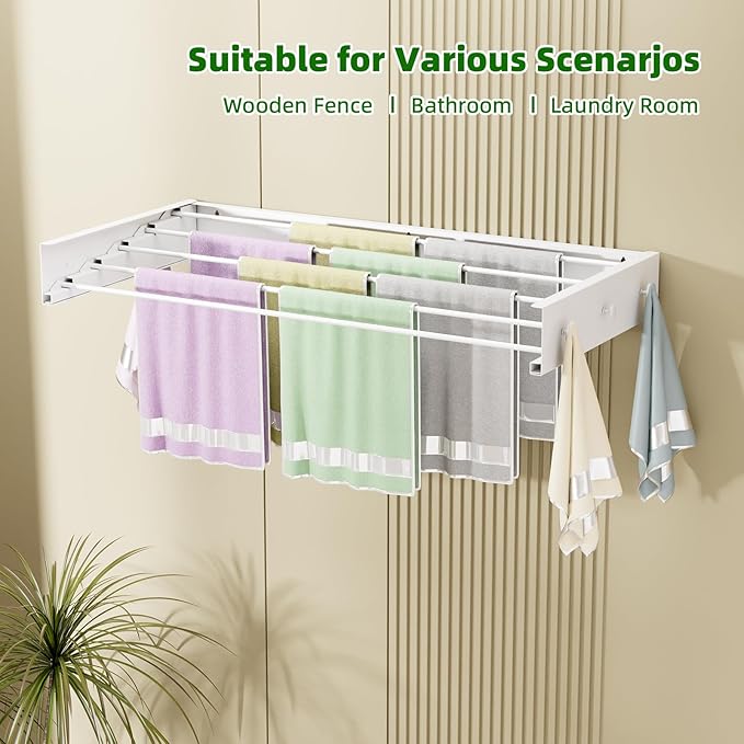 Wall Mounted Drying Rack for Laundry 31.5'', Folding Clothes Drying Rack Wall Mount with 5 Rods and 6 Hooks, Space Saving Collapsible Towel Rack for Indoor Outdoor Bathroom Balcony (White, 31.5'')