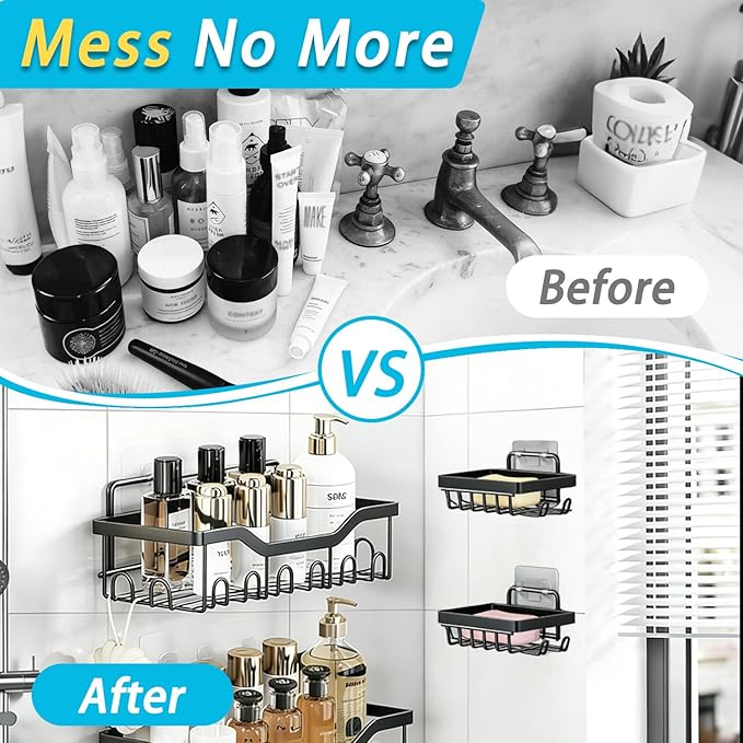 Adhesive Shower Caddy, 5-Pack Rustproof Stainless Steel Bathroom Organizer with 28 Hooks, No-Drill Large Capacity Shower Shelves for Bathroom Storage & Home Décor, Black