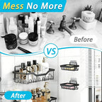 Adhesive Shower Caddy, 5-Pack Rustproof Stainless Steel Bathroom Organizer with 28 Hooks, No-Drill Large Capacity Shower Shelves for Bathroom Storage & Home Décor, Black
