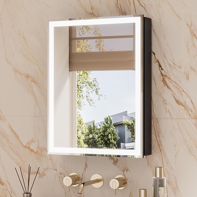 TETOTE 20 x 26 Lighted Bathroom Medicine Cabinet with Adjustable Shelves, Black Aluminum Cabinet, Anti-Fog Stepless Dimmable 3 Colors White/Warm/Natural, Easy to Install(Wall Mount/Recessed)