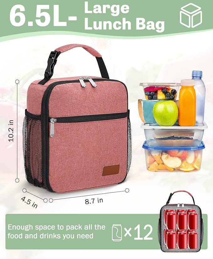 Small Lunch Box Insulated Lunch Bag for Men Women Kids, Reusable Lunch Bags Portable Small Lunch boxes Cooler Bag for School/Work/Picnic, Red 12-Can(6.5L)