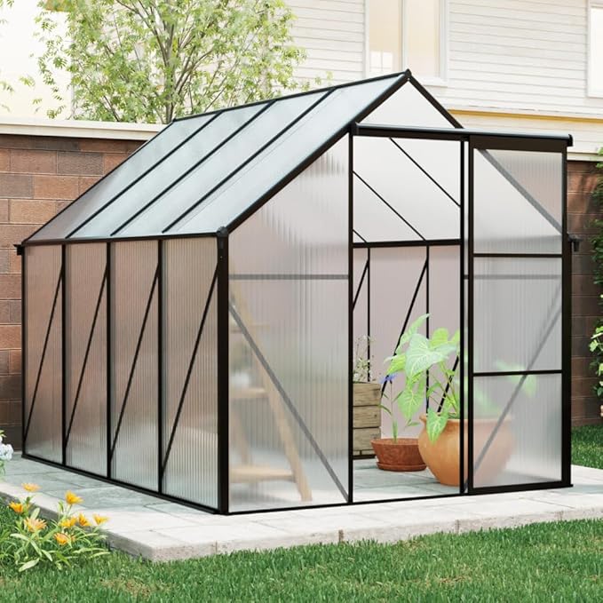 6 ft x 8 ft Aluminum Frame Greenhouse for Outdoor Use with Sloped Roof and Sliding Door for Garden Plant Protection (Black 6 * 8FT)