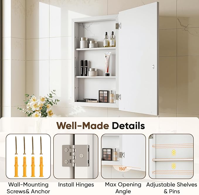 Antok 16x25 Inch Medicine Cabinet with Mirror, Wall Mounted Bathroom Mirror Cabinet, Wooden Medicine Cabinet Mirror, Recessed or Surface, White