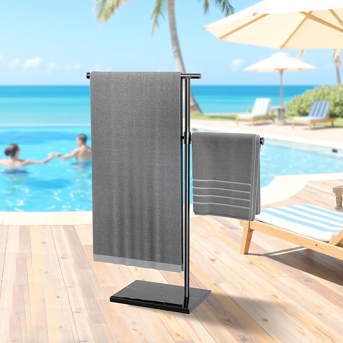 Free Standing Towel Rack for Bathroom with Weighted Marble Base, 40 Inch Adjustable Height and 360° Swivel Bar, Taller Rustproof 304 Stainless Steel Floor Towel Stand for Bathtub, Pool and Spa