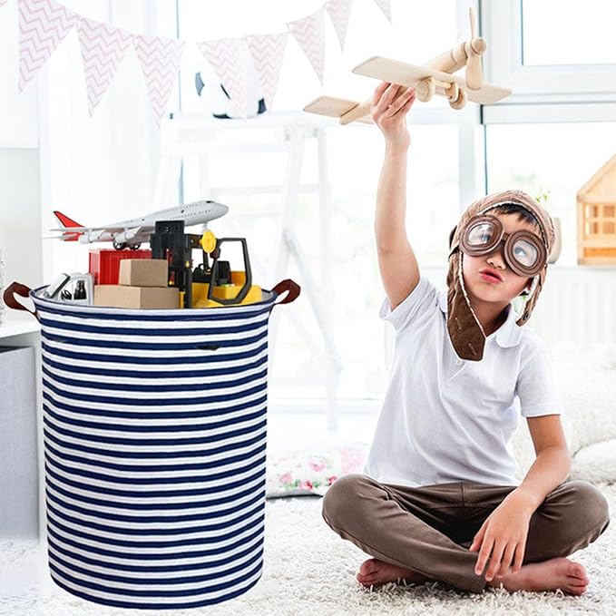 Essme Kids Laundry Hamper,Boys laundry basket,Collapsible Bule storage basket with Waterproof PE Coating,Canvas Fabric Nursery Hamper for Kids Room Decor,Gift,Baby Clothing.(Navy Blue stripes)