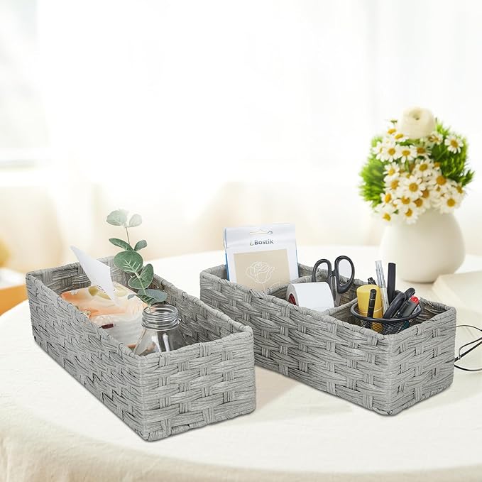 DULLEMELO Toilet Tank Basket, Set of 2 Plastic Wicker Bathroom Baskets for Organizing, Waterproof Toilet Paper Storage Basket for Bathroom, Light Grey