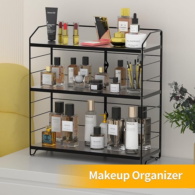 Bathroom Countertop Organizer, 3-Tier Bathroom Counter Organizer, 8-Levels Height Adjustable, Bathroom Organizer for Kitchen, Pantry, Livingroom, Offices Storage, Metal Black
