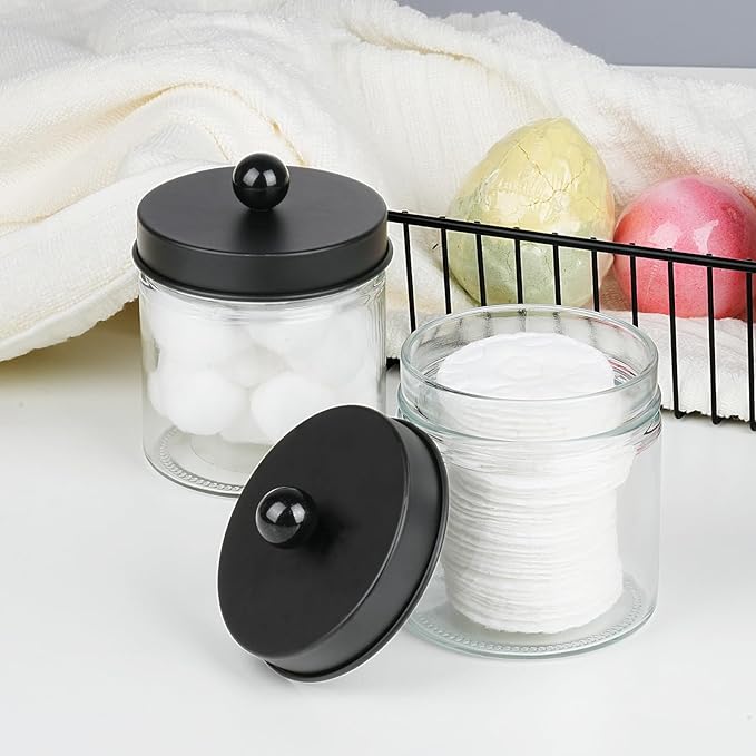 SheeChung Bathroom Organizers and Storage - 1Pack Qtip Holders Bathroom Canister Apothecary Jars for Cotton Swabs, Rounds, Balls, Qtips,Makeup Sponges, Flossers,Bath Salts - Black