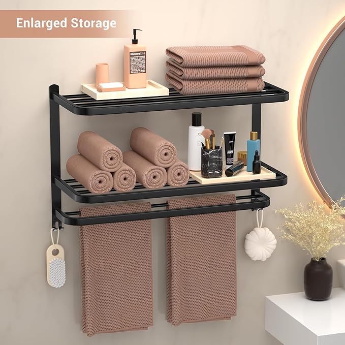 DDS-DUDES 23 Inch 3-Tier Black Towel Racks for Bathroom with Towel Bars Multilayer Hotel Towel Shelf Stainless Steel Wall-Mounted Matte Finished Holder with Towel Shelves
