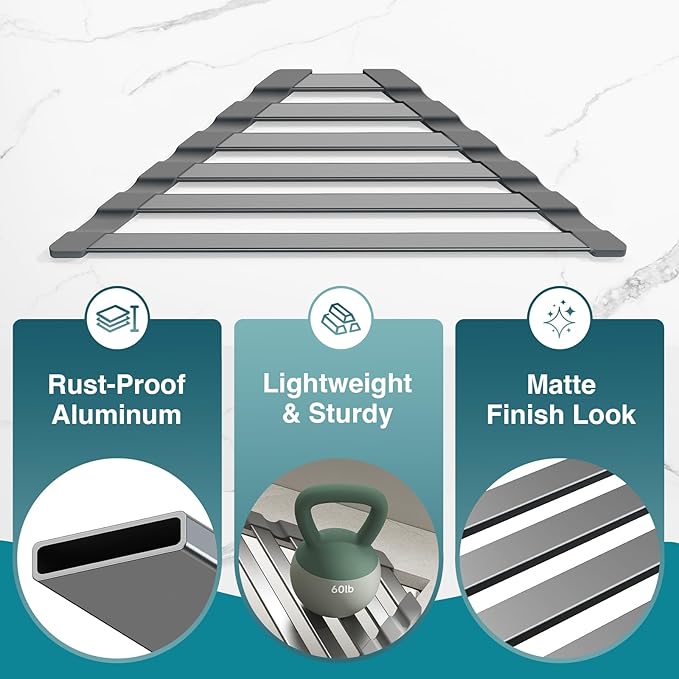 Corner Sink Drying Rack, 16"x9.5" Rust-Proof Aluminum Triangular Dish Drainer, Heat Resistant Roll Up Mat for Kitchen Counter, Sponge Holder & Organizer with Non-Slip Silicone Base, Gray
