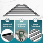 Corner Sink Drying Rack, 16"x9.5" Rust-Proof Aluminum Triangular Dish Drainer, Heat Resistant Roll Up Mat for Kitchen Counter, Sponge Holder & Organizer with Non-Slip Silicone Base, Gray