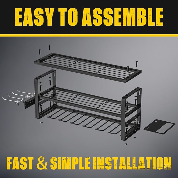 Power Tool Organizer Wall Mount for Tool Storage, Heavy Duty 7 Slots Cordless Drill Holder and Battery Shelf, Metal Tool Holder and Storage Rack with Charging Station for Garage Organization