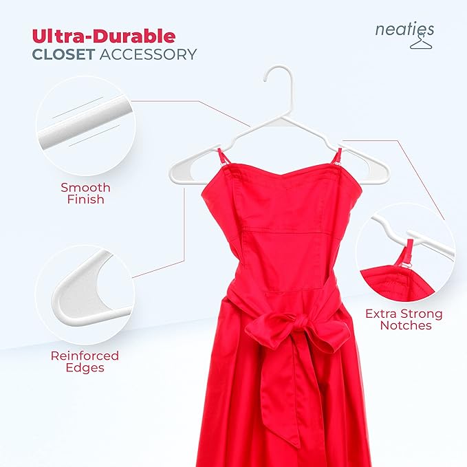 Neaties Plastic Hangers 30 Pack – Made in The USA – 6lb Capacity Standard Clothes Hangers with Notches and Reinforced Edges for Dresses, Lingerie, Shirts, Pants, and Jackets – White & Gray