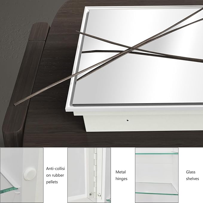 Plastic Medicine Cabinet with Mirror 16x26 inch, Recessed Medicine Cabinet or Surface Wall Mount Bathroom Cabinets with Adjustable Shelves, White Frame Mirror Cabinet