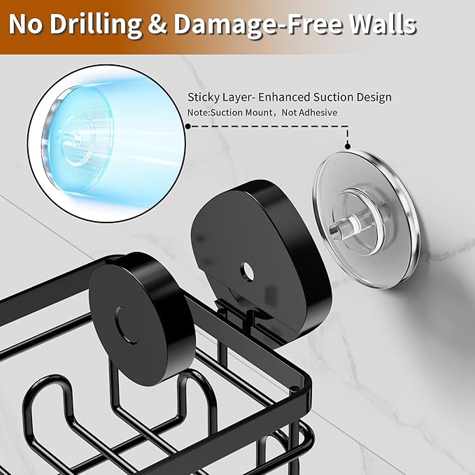 KEGII Suction Cup Shower Caddy 4 Pack, Universal Fit for All Showerheads, No Drill Bathroom Organizer with 36 Hooks & Razor Holder, Removable and Waterproof, Black