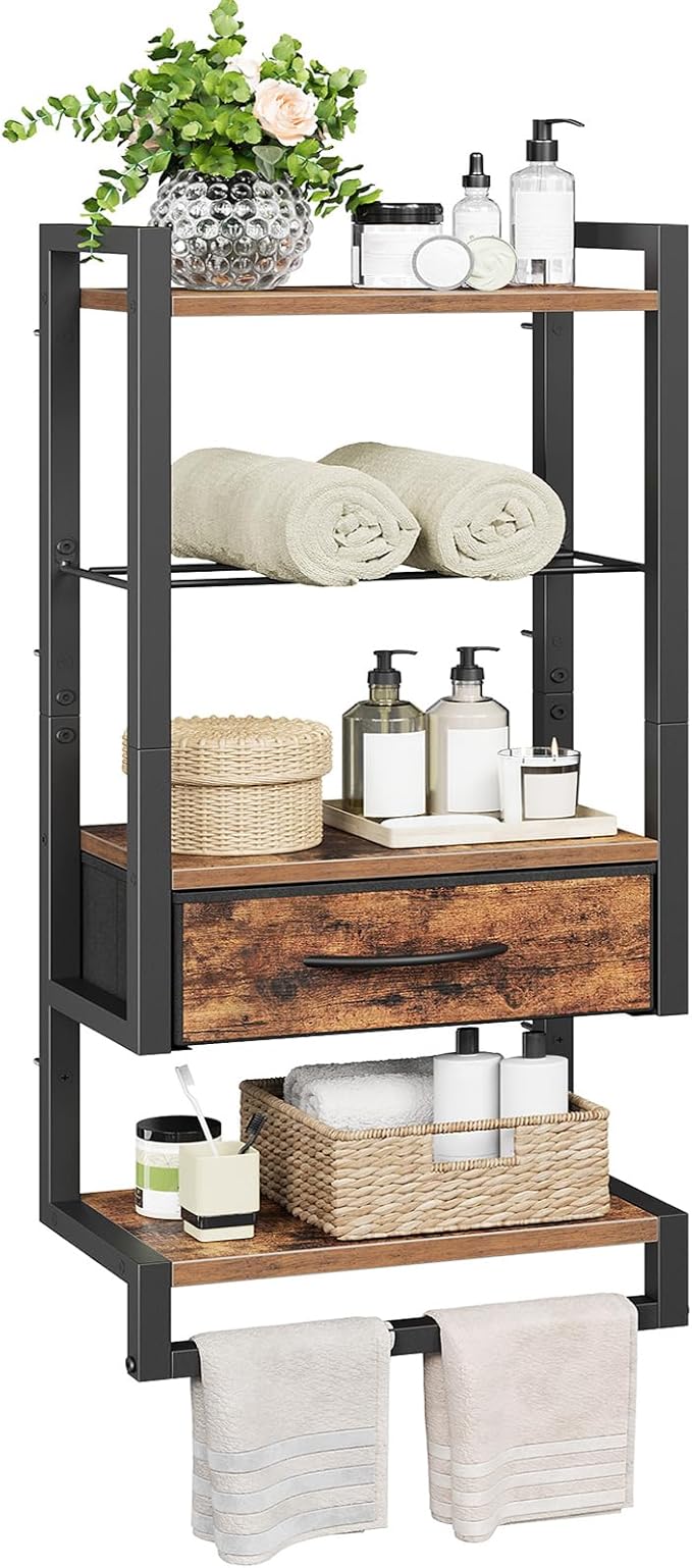 HOOBRO Wall Mounted Towel Rack with Shelf and Drawer, Bathroom Wall Storage Shelf with Towel Bar, Space Saving Over Toilet Organizer for Bathroom, Rustic Brown BF11LB01