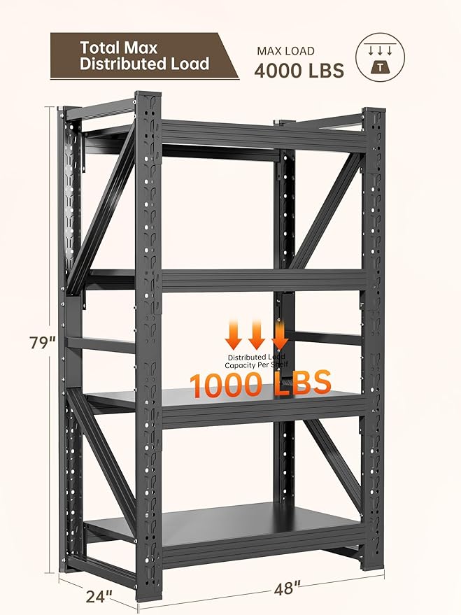 4-Tier Storage Shelves,79" H Heavy-Duty Garage Shelving Unit,Adjustable Industrial Metal Shelf System,4,000lbs Capacity,Tool Organizer for Garage,Workshop,48" W*24" D*79" H,Black