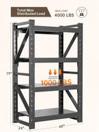 4-Tier Storage Shelves,79" H Heavy-Duty Garage Shelving Unit,Adjustable Industrial Metal Shelf System,4,000lbs Capacity,Tool Organizer for Garage,Workshop,48" W*24" D*79" H,Black