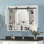 Farmhouse Lighted Medicine Cabinet with Mirror,Sliding Barn Door Mirrored Medicine Cabinet for Bathroom,3-Color Memory LED Medicine Cabinets Mirror Wall Mounted for Kitchen/Laundry,28x35