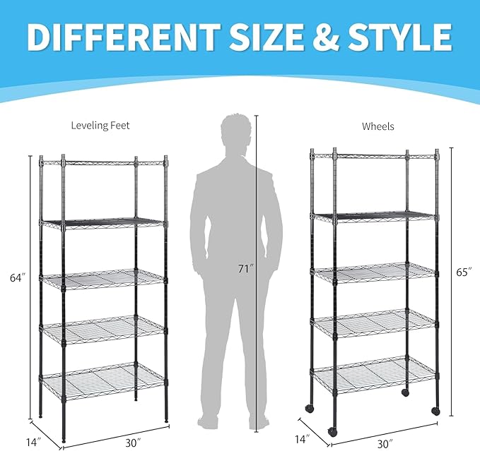 Simple Deluxe 5-Tier Storage Shelves, 29.92" W x 13.78" D x 65 "H Adjustable Heavy Duty Wire Shelving, 1250 Lbs Loading Capacity, Black