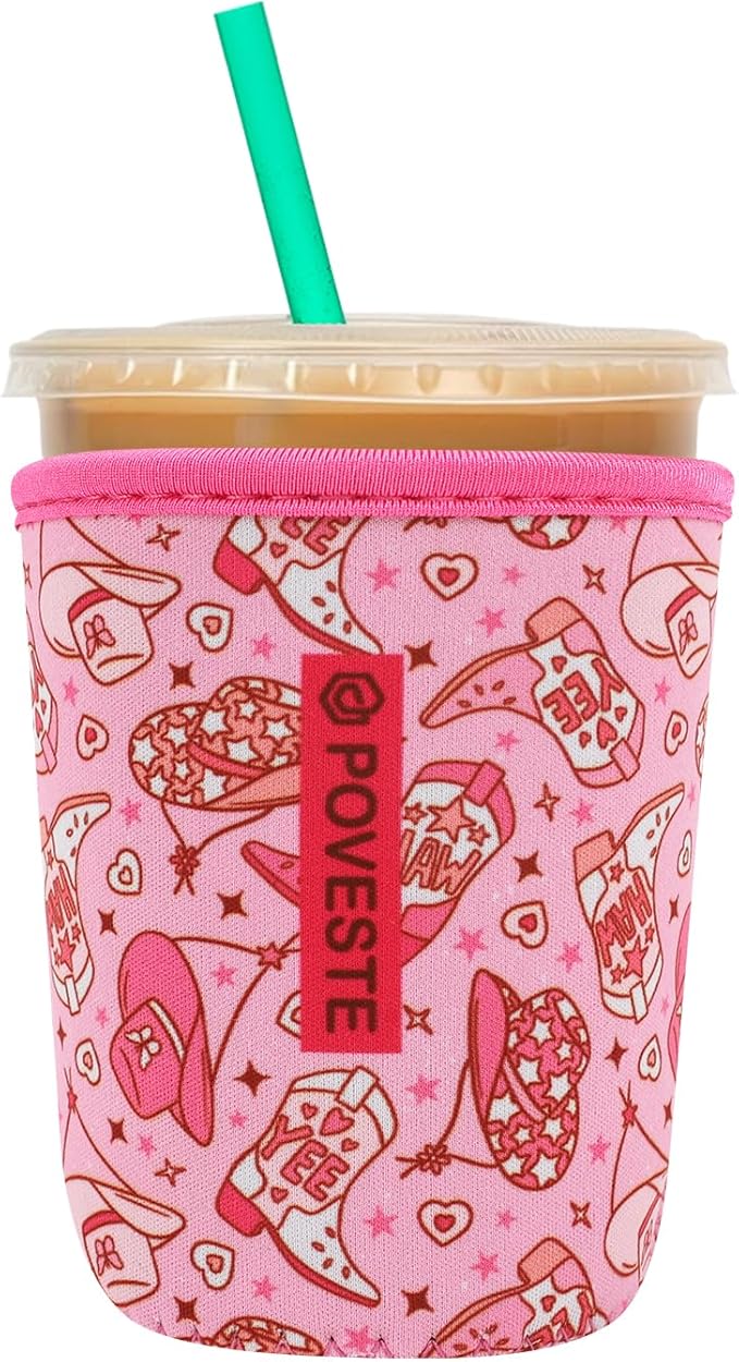 Reusable Neoprene Insulator Sleeve for Iced Coffee & Cold Soda, Coffee Sleeves for Iced & Hot Drinks, Cold Beverage Cooler Compatible with Starbucks, Dunkin (Cowgirl Spirits, Small: 16-18oz)