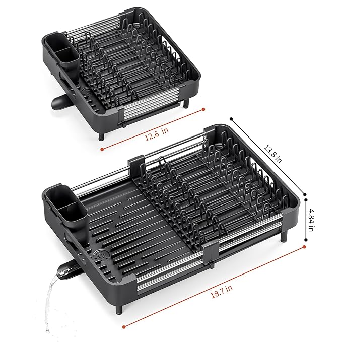TOOLF Dish Drying Rack with Drainboard, Extendable Dish Rack for Kitchen Counter, Expandable Dish Drainer, Dish Strainer, Foldable Home Countertop Plate Storage Rack with Cutlery Holder, Black