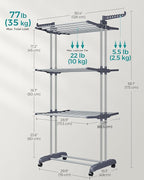 SONGMICS Clothes Drying Rack Stand 4-Tier, Foldable Laundry Drying Rack 68.1-Inch Tall, Steel, Rolling Clothes Horses Dryer Rack, Easy to Assemble, Indoor Outdoor Use, Dove Gray ULLR701G01