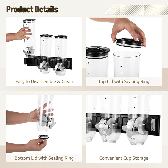 Dual-Headed Wall-Mounted Cereal Dispenser, 4.5L Large Capacity Dry Food Dispenser, Wall Mounting Candy Dispenser, Clear Wall Grain Dispensing Canister, Kitchen Dispenser for Coffee Beans, Nuts, Snacks