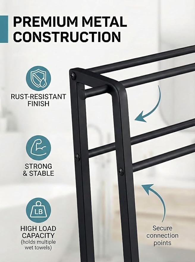 Metal Leaning Ladder Towel Rack, 4-Tier Blanket Stand for Bathroom Living Room, No Drilling Quilt Storage Organizer (Matte Black)