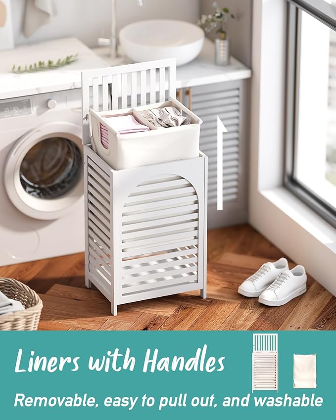 White Laundry Hamper, 22.5 Gallon (85L) Bamboo Wood Clothes Laundry Basket with Lid and Handles, Removable Liner
