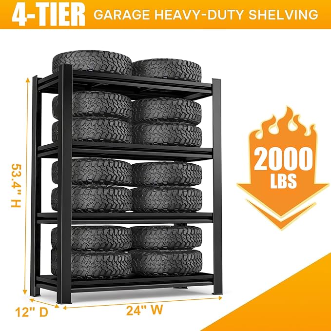 4 Tier Shelving Unit, Heavy Duty Garage Storage Shelves, Adjustable Metal Utility Shelf for Basement, Garage Organization, 24" W x 12" D x 53.4" H