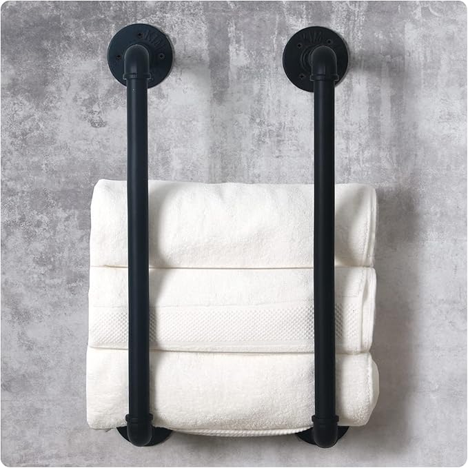 HouseAid Industrial Pipe Towel Rack, Farmhouse Bathroom Towel Storage Holder, Vintage Style Towel Organization, Wall Mounted, Matte Black