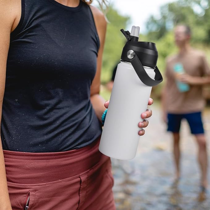 24oz Insulated Stainless Steel Water Bottle, Wide Mouth Double Wall Vacuum, Silicone Straw, Sweat & Leak Proof, BPA Free Insulated Water Flask for Travel, Keep Cold 24h Hot 12h, White