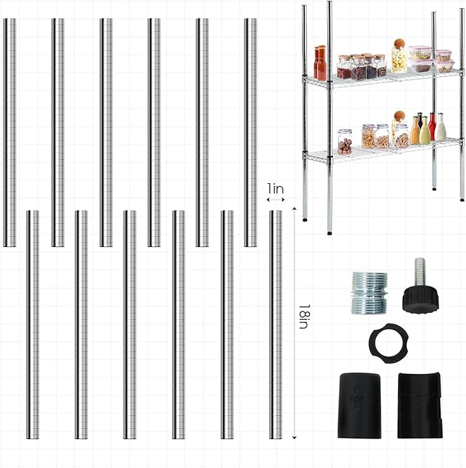 Thyle Set of 4 Wire Shelving Poles Including 12 Pcs 18'' Poles and 50 Pcs Shelf Clips, Heavy Duty Chrome Commercial Wire Shelving Parts for 1" Post Shelf Rack Accessories Replacement(54")