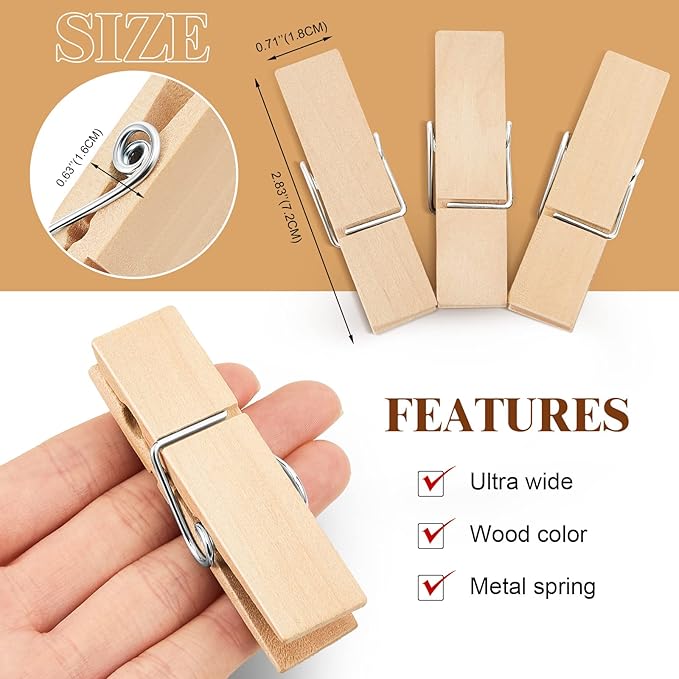 Kigley 90 Pcs Large Wooden Clothespins Jumbo Extra Wide 2.83 Inches Length Sturdy Wooden Clothespin Heavy Duty DIY Clips for Laundry Hanging Clothes Craft Food Opened Bags Display