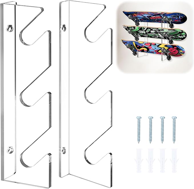 Acrylic Skateboard Wall Mount Display Rack, 3 Tier Horizontal Skateboard Storage Hanger, Space Saving for Secure Storage of Skateboards, Snowboards, Longboards, Easy to Install