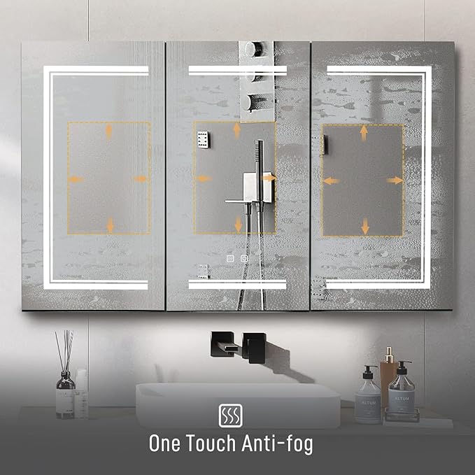 Karl home 3-Doors 48"x28" LED Medicine Cabinet for Bathroom, 3-Color Wall Mounted Dimmable Bathroom Cabinet with 3-Tiers Storage Shelves, Anti-Fog, USB Charge, White