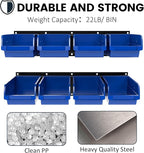 UNITEDPOWER wall mounted garage storage bin, Parts Rack, Plastic Hanging Stackable Storage Bin, Hardware Tool Organizer for workshop, Craft Room, school and Shop, 8 Bins&2 Rails (Blue), Large