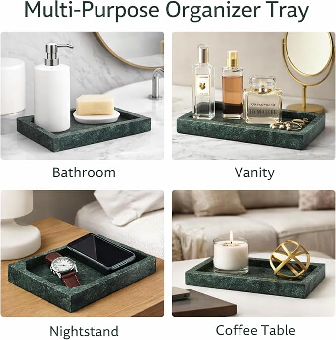 Natural Green Marble Tray for Bathroom | Kitchen | Vanity | Desktop, Stone Organizer for Coffee Table, Dresser, Nightstand, Candles, Soap, Towel, Plant, Jewelry (12" x 8"), Rectangular