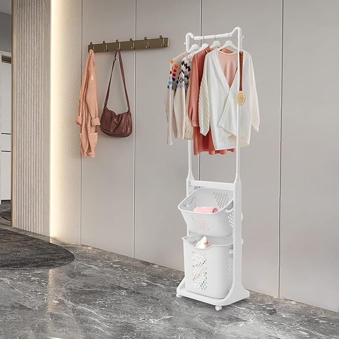 Laundry Sorter Cart with Clothes Rack 2 Layer Laundry Hamper Basket with Hanging Stand Dirty Clothes Storage Basket with 4 Wheels Simple Storage Shelf for Bathroom Cloakroom Bedroom White